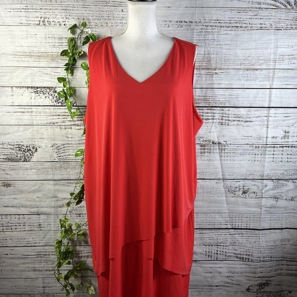 Susan Graver Dress Large Pet Fire Orange Lagenlook Layered Knee Stretch Cocktail - Picture 2 of 13
